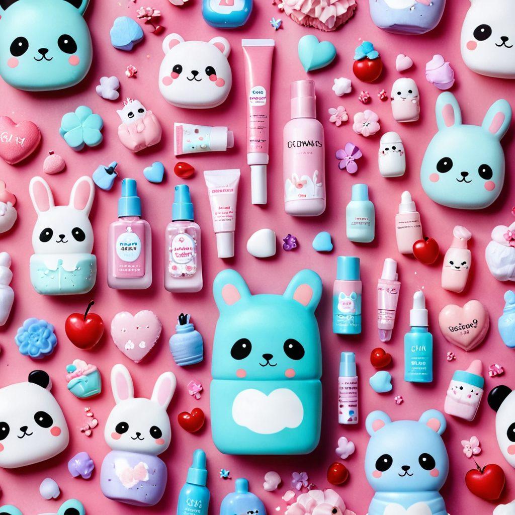 A whimsical scene featuring adorable Asian-inspired beauty products like pastel-colored makeup items and skincare bottles, surrounded by cute kawaii characters like smiling pandas, fluffy bunnies, and colorful cherry blossoms. The background should be a soft gradient of pastel pink and blue, creating a dreamy atmosphere. Include playful elements like hearts and sparkles to enhance the cute vibe. super-realistic. vibrant colors. white background.