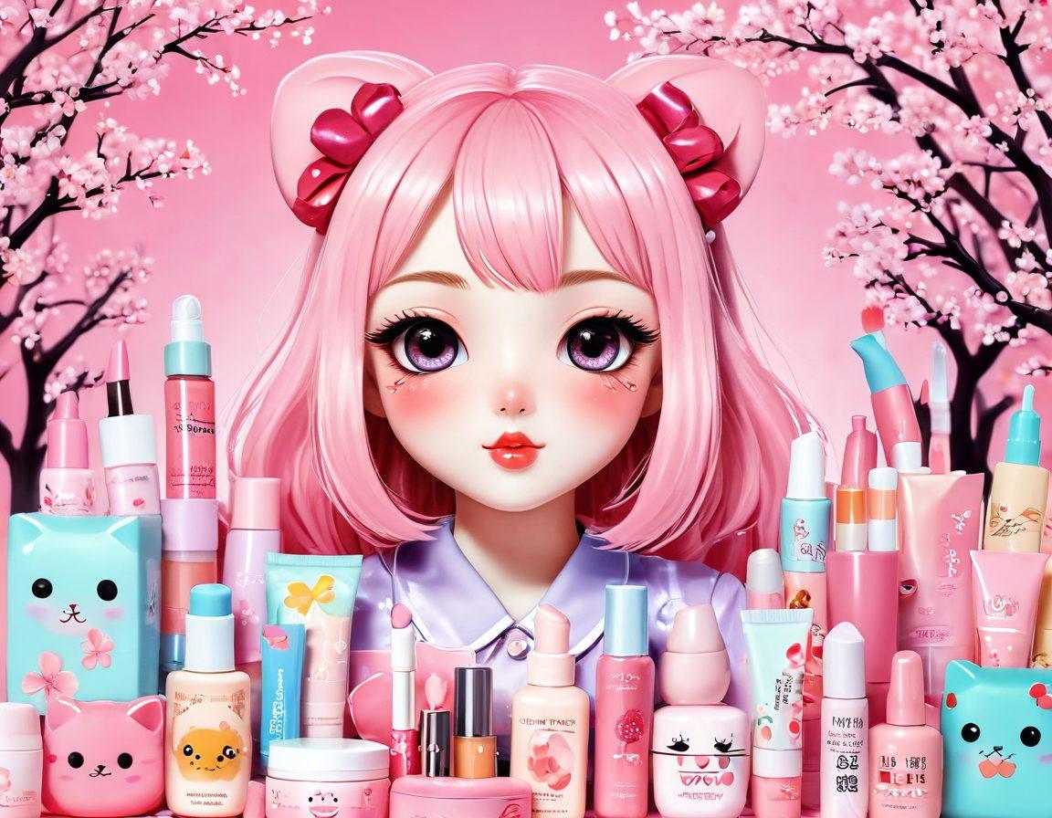 A whimsical illustration of a cute character embodying the kawaii lifestyle, surrounded by beauty products like blush, lip gloss, and pastel nail polish. Include cultural elements like cherry blossoms, kawaii fashion accessories, and a playful background with soft colors. The character should have oversized eyes and a cheerful expression. vibrant colors. anime style.
