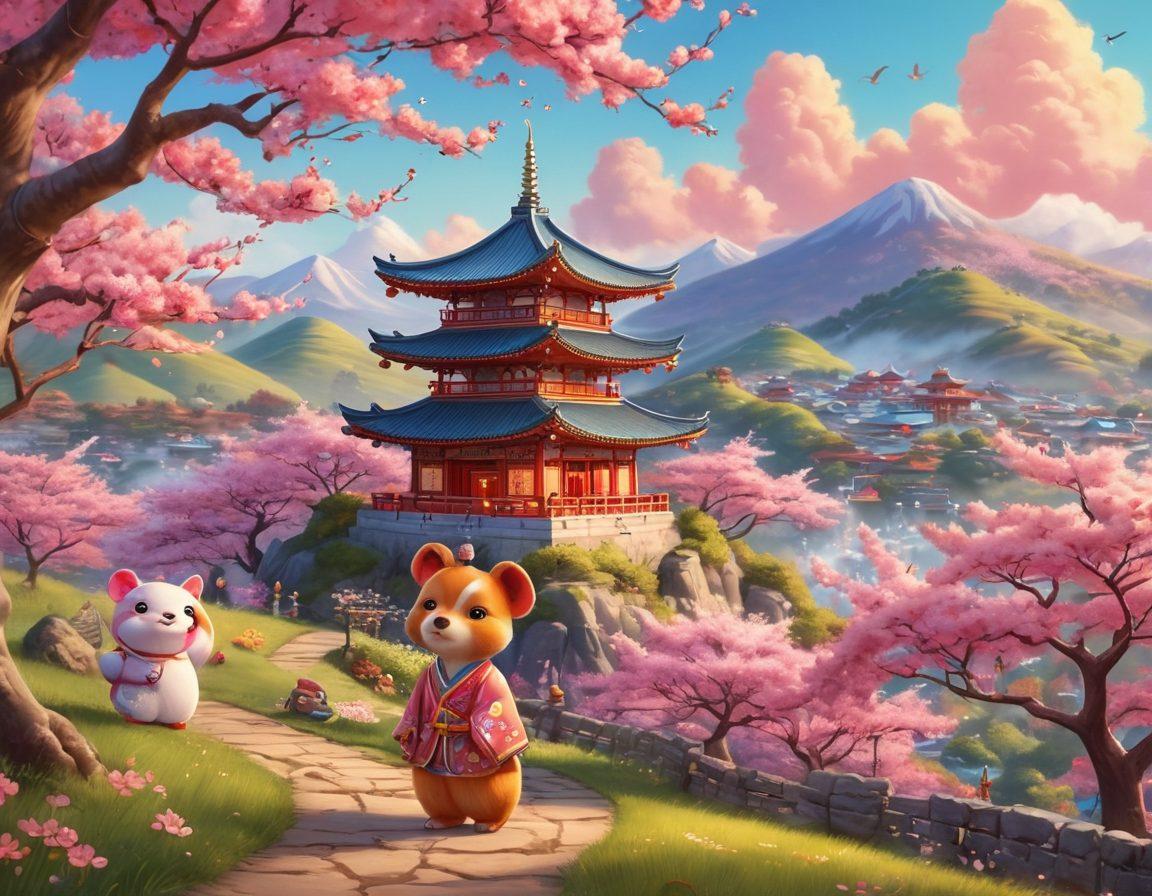 A whimsical landscape blending traditional Asian architecture with cute culture elements, featuring colorful cherry blossom trees, playful cartoon animals, and charming lanterns. In the foreground, a cheerful character dressed in vibrant, culturally inspired attire interacts with adorable fantasy creatures. The background showcases rolling hills and a dreamy sky filled with soft pastel colors. super-realistic. vibrant colors. 3D.